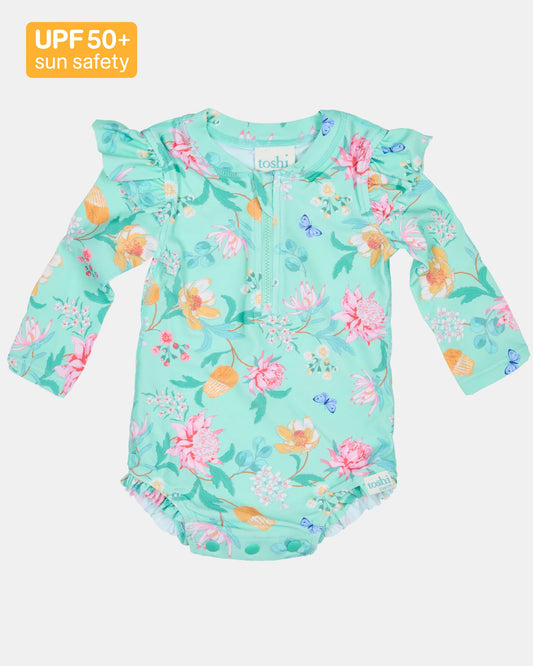 Toshi Swim Onesie L/S Ripple Waratah Mint